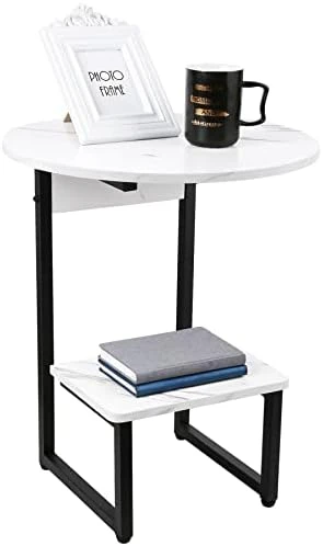 Round Side Table With White Marble Top, Small End Table For Living Room Bedroom, Modern Nightstand With Storage Shelf, Accent Table With Metal Frame, Black - Image 6