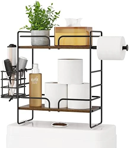 SEIRIONE 2-Tier Over The Toilet Storage Shelf,Wooden Toilet Shelf Organizer With Toilet Paper Holder Storage,Compact Bathroom Toilet Shelf Over Toilet Tank Tray With 3 Mounting Options,Rustic Brown - Image 4