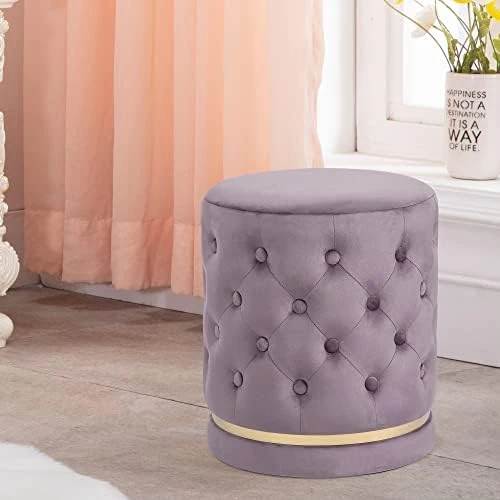 Homebeez 18.9" Round Velvet Storage Ottoman, Pre-Assembled Multi-Function Storage Vanity Stool, Button Tufted Accent Coffee Table With Golden Plate Base,Pink - Image 6