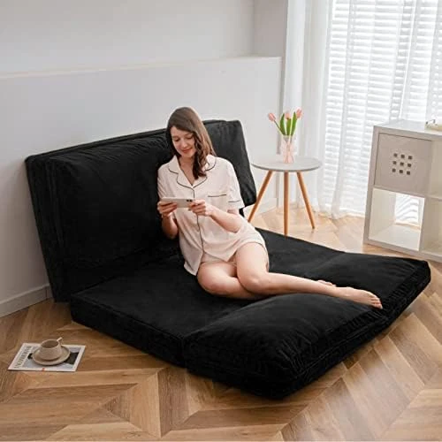 MAXYOYO Faux Fur Bean Bag Bed Floor Sofa Foldable Floor Couch, Foam Filling Wall Sofa Bed, Foldable Floor Mattress For Adults, Extra Thick Guest Mattress With Washable Cover, Beige, 54x95 Inch - Image 6