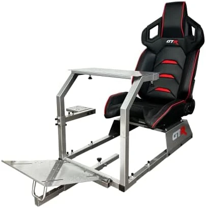 GTR Simulator GTA Model Silver Frame With Adjustable Black Red Leatherette Racing Seat Racing Driving Gaming Simulator Cockpit Chair - Image 5