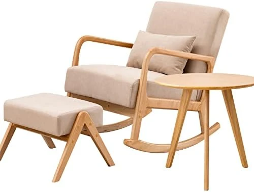 Icoget Rocking Chair Nursery With Ottoman And, Accent Living Room Chair, Glider Chair W/Solid Woods Base, Comfortable Thickened Upholstered Lounge Chair, Modern Rocker Armchair, Beige - Image 7