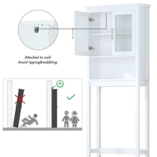 Spirich Home Bathroom Shelf Over The Toilet, Bathroom Cabinet Organizer With Moru Tempered Glass Door (White) - Image 4