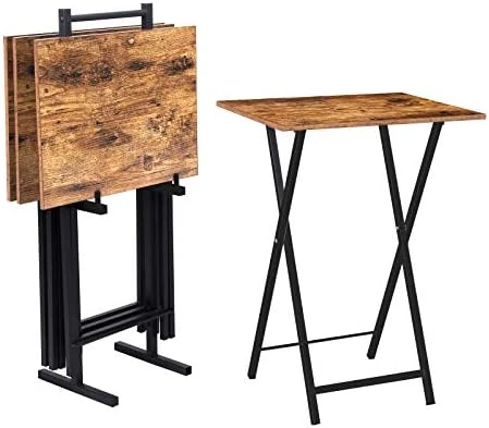 HOOBRO Folding TV Tray Tables, Set Of 4 TV Trays With Storage Rack, Industrial Side Table For Eating At Couch, Foldable Snack Table For Small Space, Easy Assembly, Rustic Brown And Black BF50BZ01 - Image 4