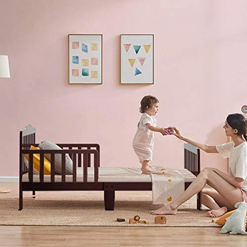 HONEY JOY Toddler Bed Frame, Solid Rubber Wood Frame W/Safety Guardrail, Fits Crib Full Size Mattress (Not Included), Children Classic Sleeping Bedroom Furniture For Kids Boys Girls(Brown) - Image 5