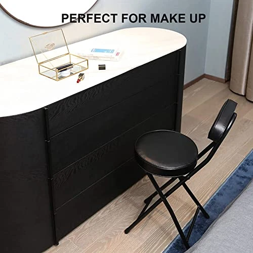 Folding Stool With Back,Cushioned Padded Folding Stool 18.1 Inch, Black Portable Heavy Duty Collapsible Padded Round Stool,Foldable Bar Stool Black White - Image 2