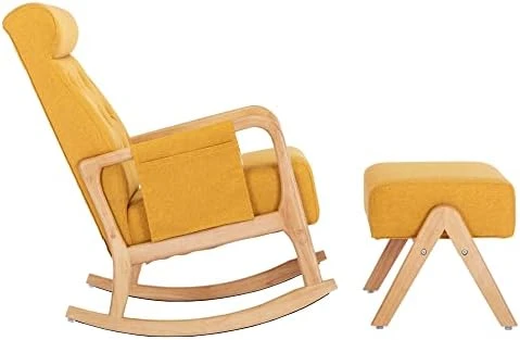 Rocking Chair With Ottoman, Mid-Century Upholstered Rocking Armchair With Thick Padded Cushion & Side Pocket & High Backrest, Nursery Glider Rocker Chair For Living Room Bedroom, Black PU - Image 13