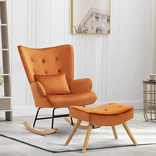 Artechworks Modern Velvet Rocking Chair, Glider Chair With Ottoman Cushion, Nursery Mid Century Upholstered Tufted Chair Rocking Armchair Rocker Accent Chair For Livingroom, Balcony, Caramel - Image 2