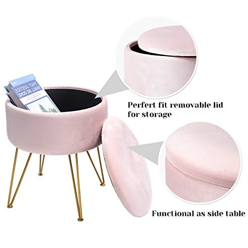 IBUYKE Velvet Round Footrest Stool Ottoman, Makeup Vanity Stool Side Table, Velvet Dressing Table Seat Pouf Couch Stool Golden Steel Legs Removable Cover, Pink RF-002 - Image 3