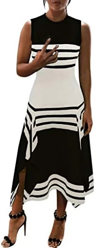 Snowfoller Women Striped Long Dress Casual Sleeveless Round Neck Irregular Hem Party Dresses - Image 7