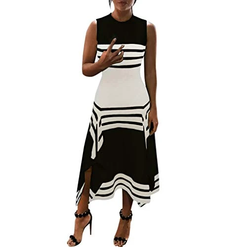 Snowfoller Women Striped Long Dress Casual Sleeveless Round Neck Irregular Hem Party Dresses