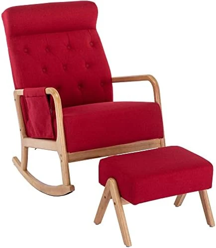 Rocking Chair With Ottoman, Mid-Century Upholstered Rocking Armchair With Thick Padded Cushion & Side Pocket & High Backrest, Nursery Glider Rocker Chair For Living Room Bedroom, Black PU - Image 12