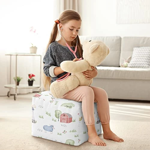 Sweet Jojo Designs Farm Animals Boy Girl Ottoman Pouf Cover Unstuffed Poof Floor Footstool Square Cube Pouffe Storage Baby Nursery Kids Room Gender Neutral Watercolor Farmhouse Barn Horse Nature White - Image 4