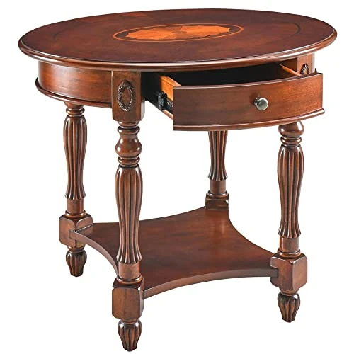 LEEMTORIG Solid Wood End Table With Drawer, Oval Round Bed Side Table Nightstand With Pattern Desktop For Living Room Bedroom, Cherry Walnut CJZ-1533-WD-DR