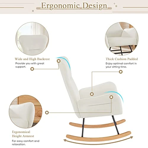 KINFFICT Accent Rocking Chair, Velvet Tufted Upholstered Glider Rocker For Nursery, Comfy Armchair With Side Pockets, Modern Lounge Arm Chair For Living Room, Bedroom (Velvet Off White) - Image 4