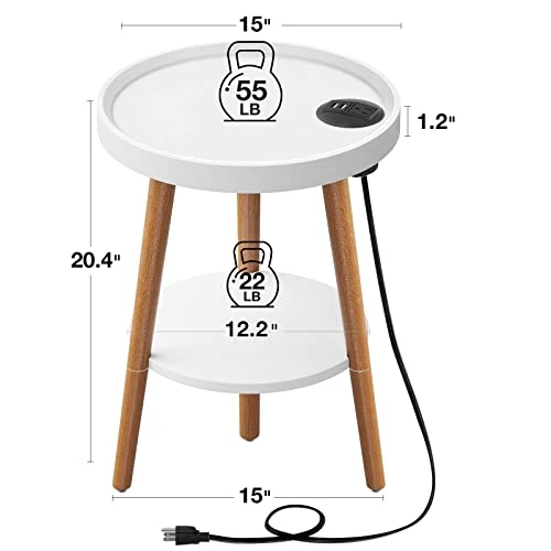 GREENSTELL End Table With Charging Station, Round Side Table With Storage Shelf, USB Ports And Anti-Drop Fence, 2-Tier Small Nightstand Sofa Table For Living Room, Bedroom White 15.0*15.0*20.4inches - Image 2