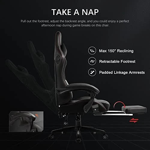 GTPLAYER Gaming Chair, Computer Chair With Footrest And Bluetooth Speakers, High Back Ergonomic Music Gamer Chair, Reclining Game Chair With Linkage Armrests For Adults And Kids (Red) - Image 2