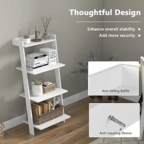 Tangkula 4 Tier Ladder Shelf, Leaning Bookshelf With Solid Wooden Frame, Anti-toppling Device, Anti-falling Baffle, Organizer Shelf, Open Shelving Unit For Home Office, 19.5 X 17.5 X 43 Inches (White) - Image 6