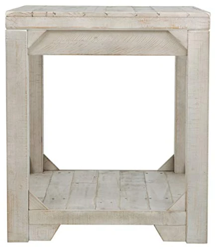 Signature Design By Ashley Fregine Farmhouse Square End Table With Floor Shelf, Weathered White Finish - Image 3