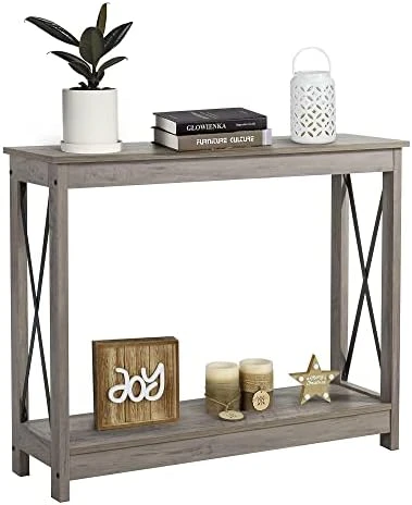 Rustory Farmhouse Console Sofa Table, Rustic 2 Tier X-Design Industrial Hallway/Entryway Table, Accent Side Tables With Storage Shelf For Living Room Bedroom (Washed Oak) - Image 7