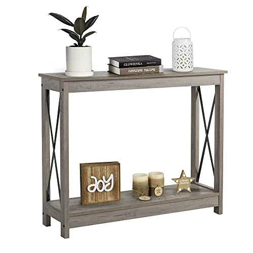 Rustory Farmhouse Console Sofa Table, Rustic 2 Tier X-Design Industrial Hallway/Entryway Table, Accent Side Tables With Storage Shelf For Living Room Bedroom (Washed Oak)