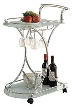 Coaster Furniture Modern Contemporary 2 Shelf Serving Bar Cart Trolley Frosted White Tempered Glass Caster Wheels Wine Bottle Holder Stemware Rack Chrome 910002