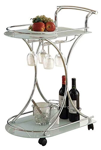Coaster Furniture Modern Contemporary 2 Shelf Serving Bar Cart Trolley Frosted White Tempered Glass Caster Wheels Wine Bottle Holder Stemware Rack Chrome 910002