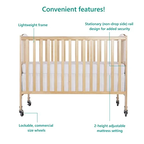 Dream On Me Folding Full Size Convenience Crib In Natural, Two Adjustable Mattress Height Positions, Comes With Heavy Duty Locking Wheels, Flat Folding - Image 3