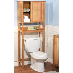 MISC Bamboo Behind Toilet Shelving Tower Free Standing Natural Wood Bathroom Cabinet Space Saving Storage Organizer Stand