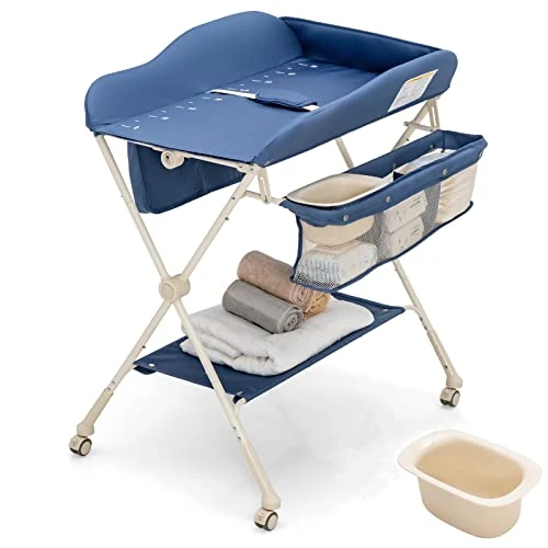 INFANS Portable Baby Changing Table, Folding Diaper Dresser Station With Wheels, Adjustable Height, Safety Belt, Drying And Storage Rack, Mobile Nursery Organizer Stand For Newborn Infant (Gray) - Image 6