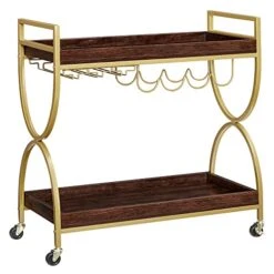 VASAGLE Bar Cart Gold, Home Bar Serving Cart, Kitchen Serving Cart With Wine Holders, Glass Holders, Wine Cart, Gold And Cherrywood Color ULRC089A24