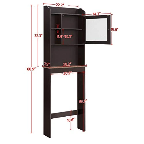 Topeakmart Home Bathroom Shelf Space-Saving Over The Toilet Storage Cabinet With Adjustable Shelf And Glass Door, Espresso - Image 3
