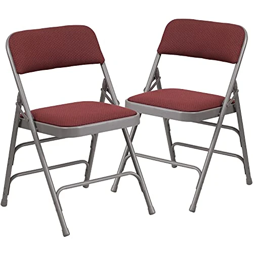 EMMA + OLIVER 2 Pack Curved Triple Braced Burgundy Patterned Fabric Metal Folding Chair - Image 2