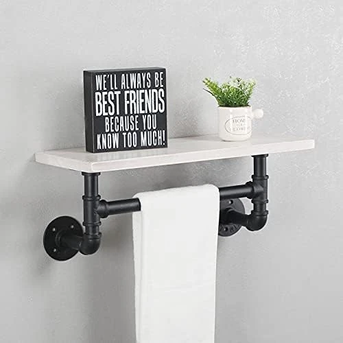 Industrial Pipe Shelf Bathroom Shelves Wall Mounted,19.6in Rustic Wood Shelf With Towel Bar,2 Tier Farmhouse Towel Rack Over Toilet,Pipe Shelving Floating Shelves Towel Holder,Retro Grey - Image 7