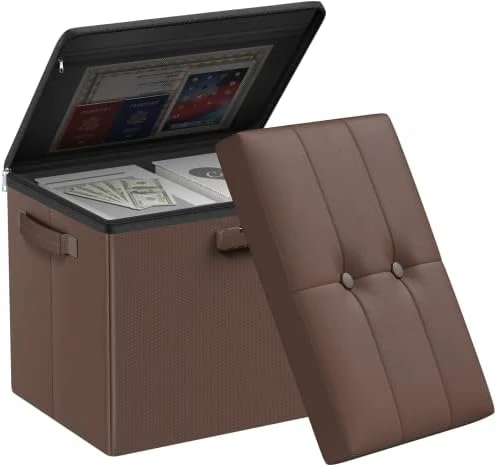 DocSafe Storage Ottoman With Lock,Fireproof Folding Ottoman Foot Rest Stool Storage Chest With Storage Safe For Important Documents,Waterproof 17 Inches Short Ottoman Foot Stool With Hanldes,Brown - Image 5