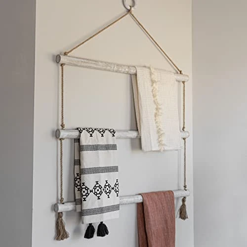 Foreside Home & Garden Hanging Blanket Ladder White Wood & Jute - Image 2