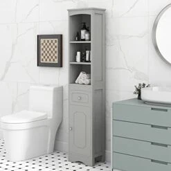 BNSPLY Tall Bathroom Cabinet With Shelves And Drawer, Slim Storage Tower With Adjustable Shelves, Narrow Bathroom Cabinet, Linen Cabinet For Bedroom, Living Room (Grey, 13.4" L X 9" W X 67" H)