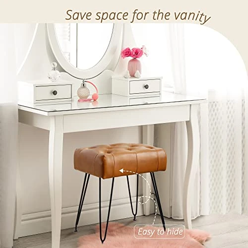 LUE BONA Modern Faux Leather Rectangle Vanity Stool, Vanity Chair For Makeup Room, Whiskey Brown Ottoman Foot Rest Entryway Bench With Black Legs For Bedroom Living Room - Image 5