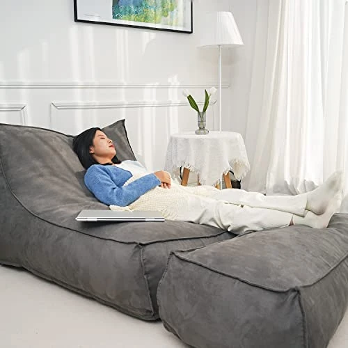 N&V Giant Foam Filling Floor Sofa, Extra Large High Density Foam Bean Bag, Faux Chamois Cover, Independent Linen (Grey, With Ottoman) - Image 3