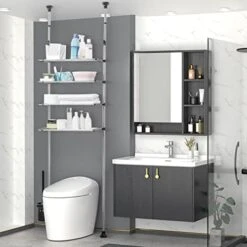 Hershii 4-Tier Over The Toilet Storage Rack Bathroom Space Saver Laundry Shelf Above Washer Dryer Organizer Unit Stand Double Tension Poles, Adjustable Height & Width - Black