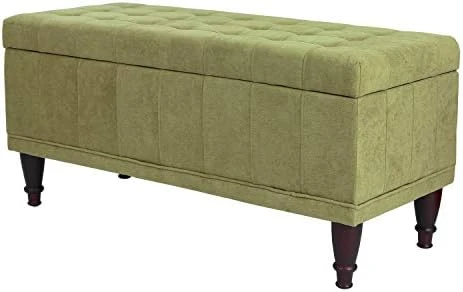 Asense Linen Fabric Rectangle Tufted Lift Top Storage Ottoman Bench, Footstool With Solid Wood Legs Upholstered Storage Bench (Noble Beige) - Image 11
