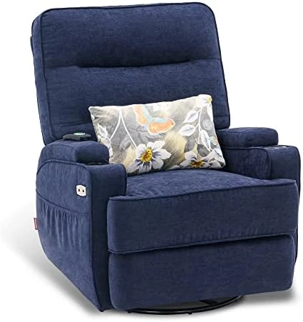MCombo Electric Power Swivel Glider Recliner Chair With Heat And Vibrating For Nursery, USB Ports, Pillow, Cup Holders, Remote Control, Fabric 7752 (Navy Blue) - Image 10