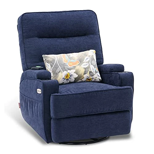 MCombo Electric Power Swivel Glider Recliner Chair With Heat And Vibrating For Nursery, USB Ports, Pillow, Cup Holders, Remote Control, Fabric 7752 (Navy Blue)