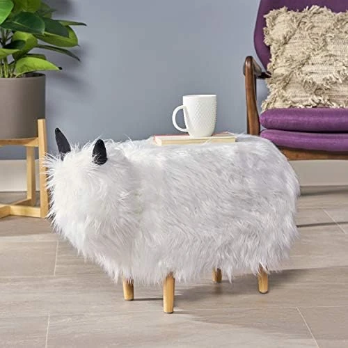 Christopher Knight Home Kamla Furry Yak Ottoman, Black, Natural Finish - Image 8