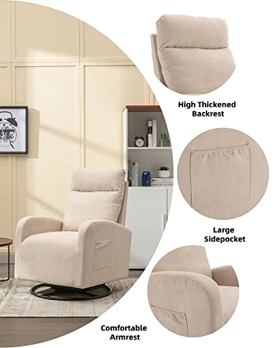 Luccalily Swivel Rocking Chair For Nursery, Upholstered Glider Nursery Chair With Breathable Fabric For Bedroom, Living Room, Beige - Image 3