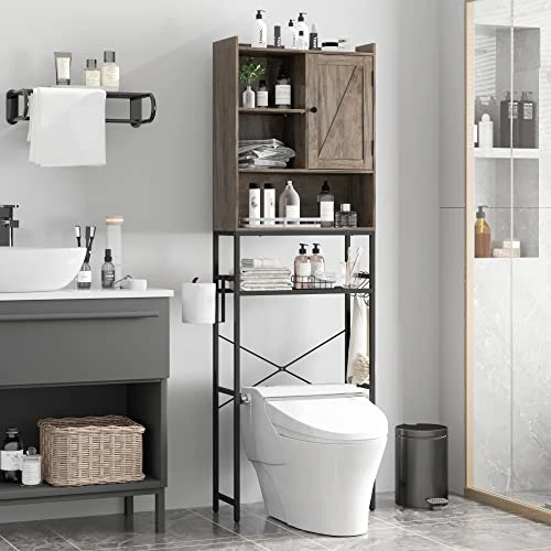Over The Toilet Storage Cabinet, 4-Tier Bathroom Organizer Shelves, Toilet Organizer Rack With With Cupboard And Hooks, Easy Assembly, Light Gray - Image 4
