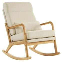 Kcelarec Rocking Chair, Modern Upholstered Fabric Rocking Armchair, Rocking Chair With Thick Padded Cushion & Pillow, Accent Glider Rocker Chair For Living Room Bedroom (Beige-Linen)