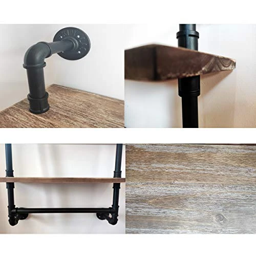 LooftMate Industrial Pipe Shelf,2 Tiered Metal Towel Racks For Bathroom,20" Industrial Pipe Floating Shelves Shelving,Rustic Wood Wall Mount Shelf With Towel Bar,Iron Towel Holder - Image 5