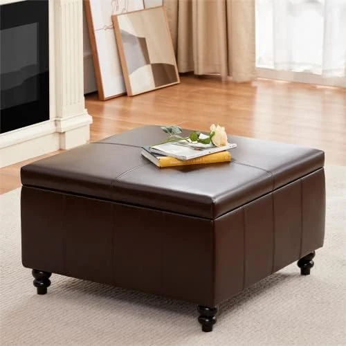 HUIMO Square Storage Ottoman,Ottoman Coffee Table With Storage,Oversized Ottoman,Tufted Storage Ottoman For Living Room (Brown) - Image 8
