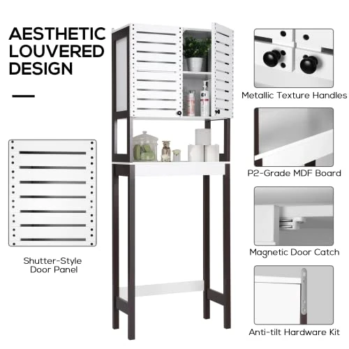 VOWNER Over The Toilet Storage Cabinet, 3-Tier Bathroom Organizer With Louvered-Style Doors And Adjustable Shelf, White And Coffee Brown MDF Board - Image 3